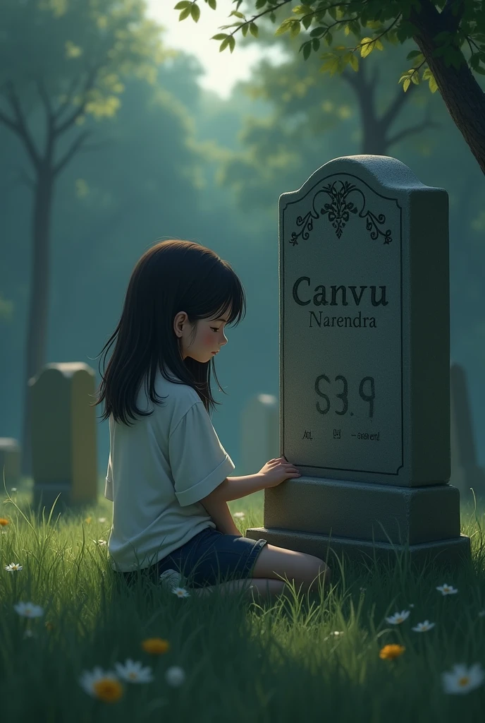 girl sitting looking at the grave named on the tombstone "canva Narendra August 30, 2021"