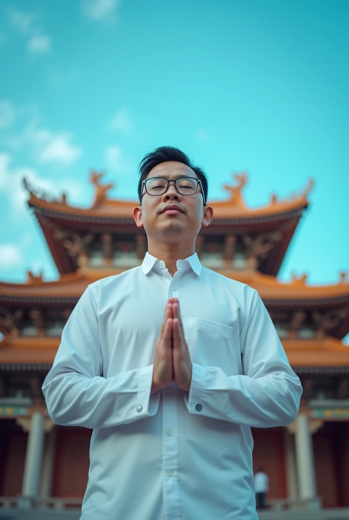 Asian man wearing eyeglasses, white shirt and white pants, dharma practice, standing in front of the Buddhist temple, blue sky in the morning, blue atmosphere 