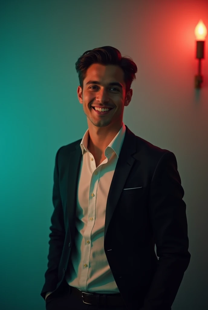 A young Man With Dark hair and a confident smile He is Dressed in a black blazer over a white shirt The man is positioned against aqua colour backdrop with a subtle red lighting on