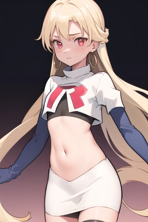 best quality, (masterpiece:1.2), illustration, absurdres,
(1girl, solo), (beautiful detailed girl), (cowboy shot),,
Roselia Millstein, blond hair, very long hair, red eyes, flat chest,
earrings, team rocket,team rocket uniform,white skirt,red letter R,crop top,black thigh-highs,black elbow gloves,
