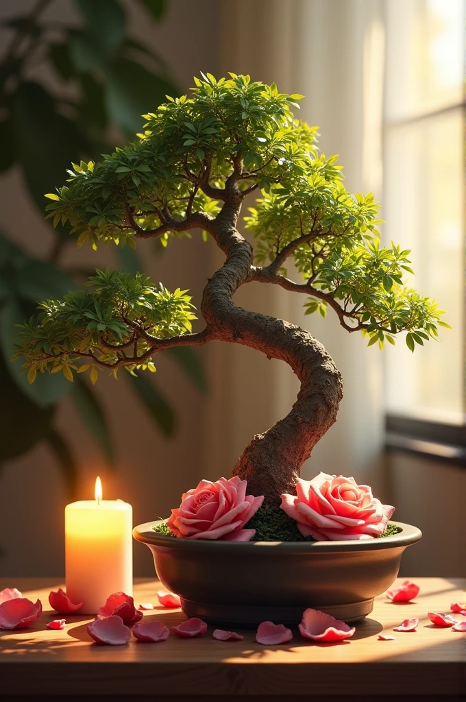 Bonsai with roses and candle
