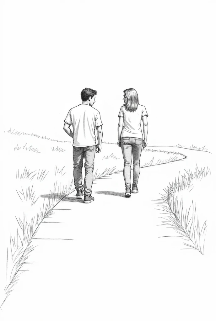 A pencil sketch of a man walking along a pathway who is wearing a t shirt and a denim suddenly passes a woman who is coming from opposite side wearing a t shirt and a denim