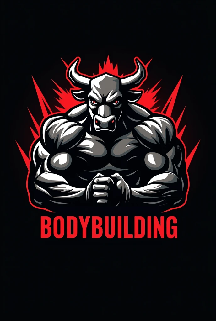 Design a powerful and dynamic logo for a bodybuilding brand featuring a strong, muscular bull as the central figure, symbolizing strength, power, and determination. The bull should have well-defined muscles, with a stance that conveys energy and dominance, embodying the essence of bodybuilding. Use sharp, angular lines to emphasize the bull's muscular build and add a sense of intensity. Incorporate bold, dark tones like black, deep red, or metallic gray to create a fierce and commanding presence. The logo should include the word 'BODYBUILDING' in a bold, modern font that complements the aggressive and energetic vibe of the design.