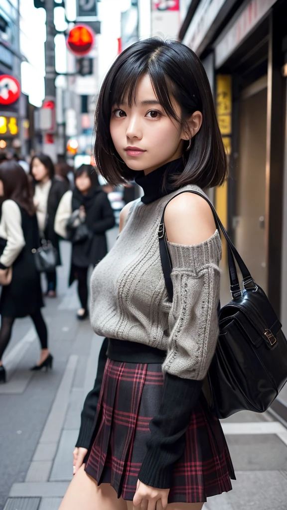 A gorgeous Japanese girl with straight, shoulder-length black hair, wearing a plaid mini skirt and a black turtleneck sweater. She is set against the backdrop of a bustling Tokyo street during the daytime.