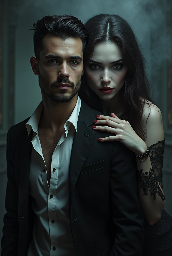 Normal man and vampire woman, Behind him