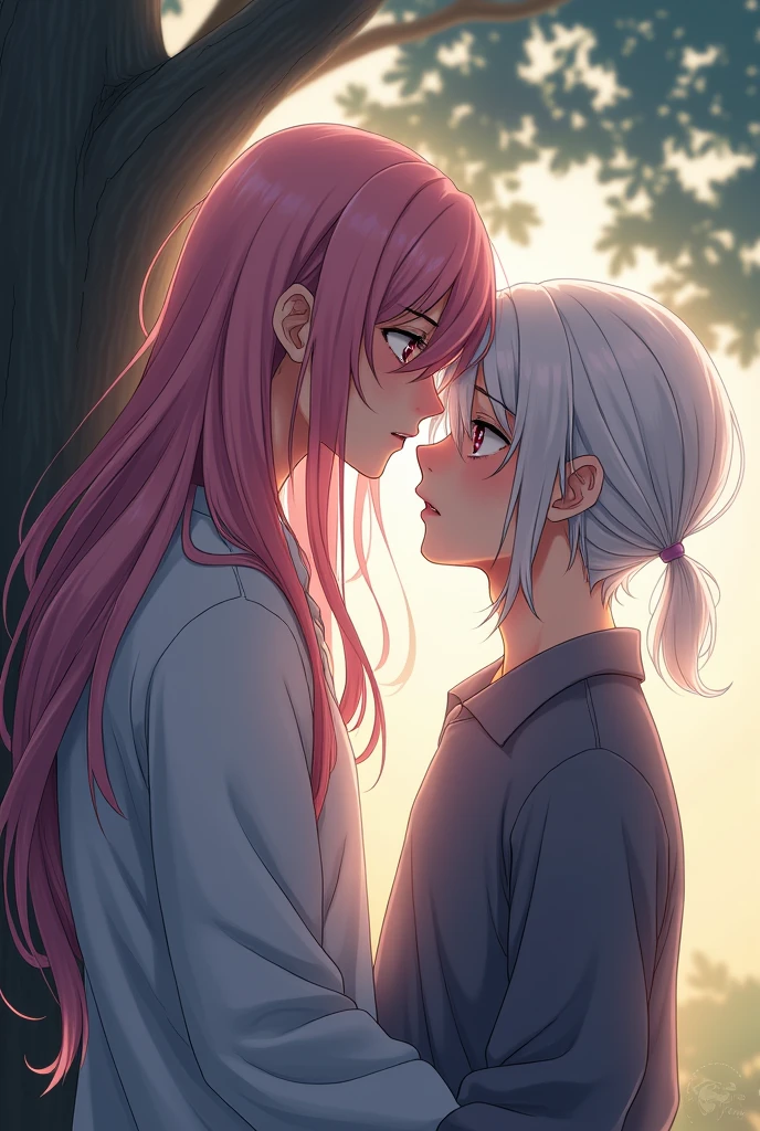 create a young man with long pink hair who meets another young man with tied up white hair and long anime fanart art well done they have to break up so they get sad sad expression breaking up now