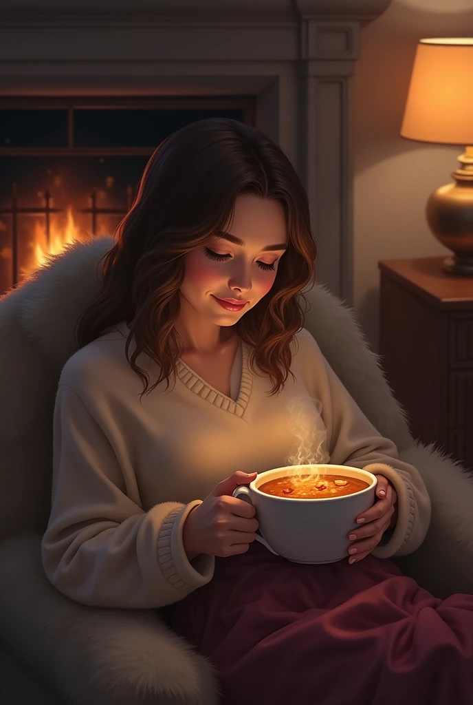 Cozy, a woman sipping a soup