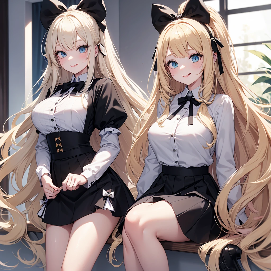 work, best quality, girl, long hair alternative, absurdly long hair, blonde hair, bow hair, Aqua eyes, Charming smile, Tongue, black eyes, Long eyelashes, Large Breasts, Mole on chest, White shirt, Black skirt, shoe, period, hair Ribbon, flower Ribbon, hair_Ribbon, hair_Ribbon, hair_flower