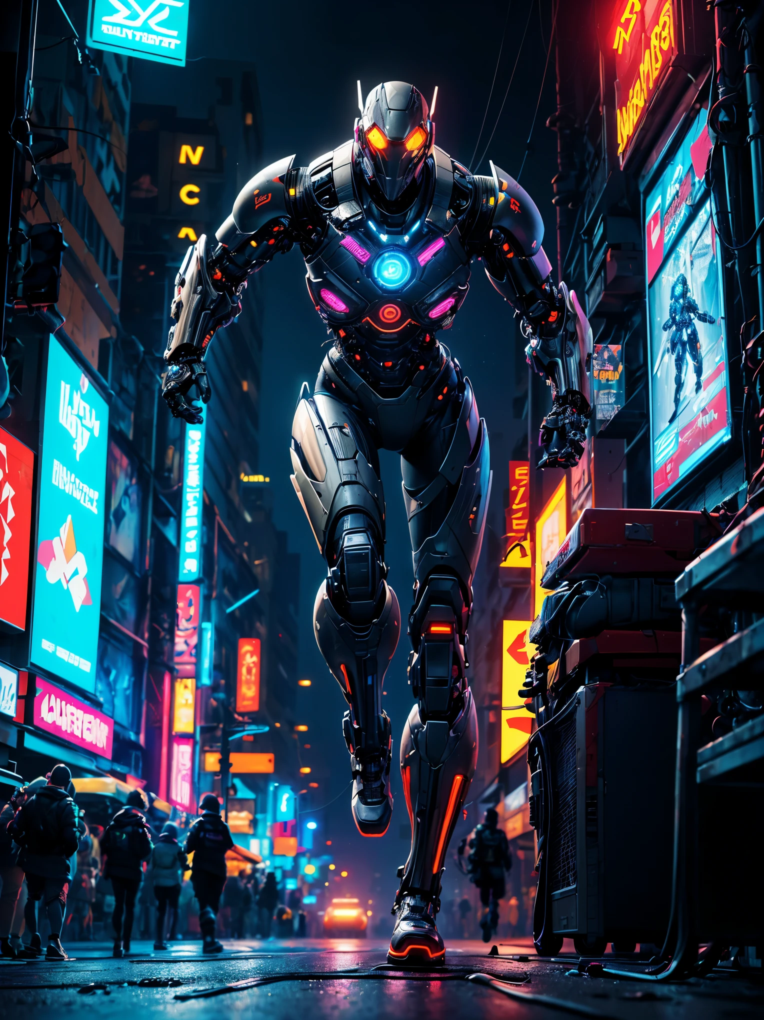 (masterpiece:1), 8K, unreal engine, hyperrealistic, reflexions/refraction, (HDRI illumination), "An intrepid cyborg/bionic/hero running on a flying hoverboard, ((nuclear/electromagnetic (quantum driven)), with futuristic sneakers from the year 3000, cyberpunk atmosphere, neon city lights, he is wearing and armour cyber-futuristic military grade.