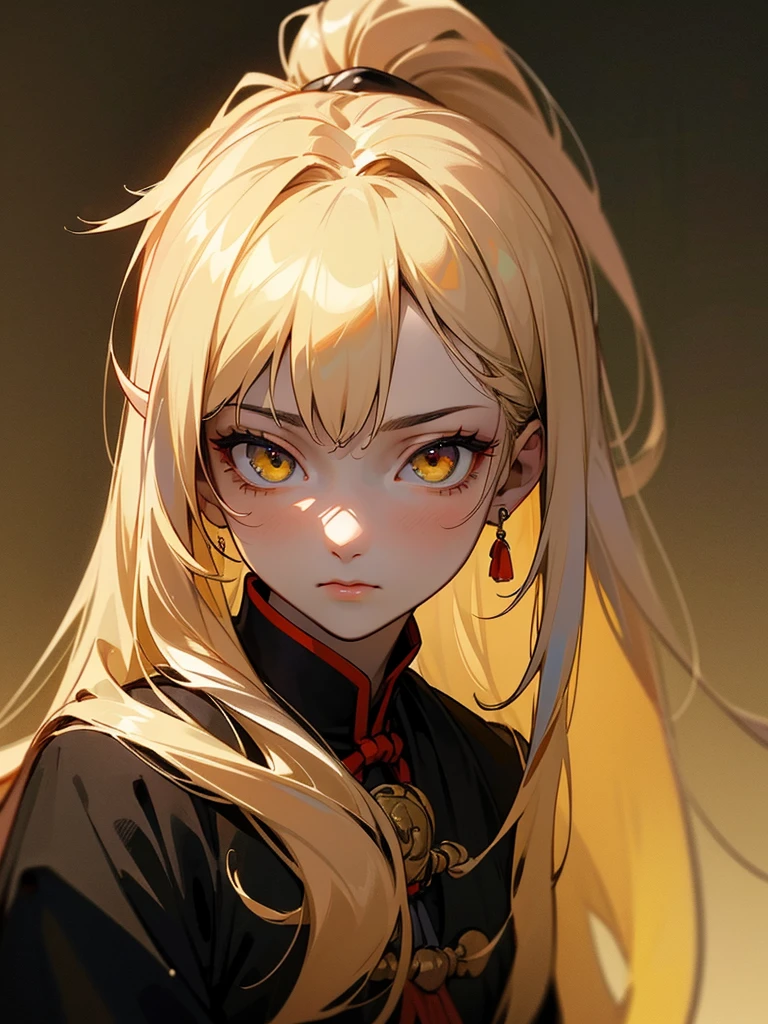 masterpiece, best quality, realistic, adult, 1 girl, long hair, Hair is in a ponytail, ((hair color black)), light golden yellow eyes, Clothing color in black tones, portrait, Extremely detailed face, light room background, Looking at the audience, Beautiful, (alpha:1.4), calm look, wise, courageous, Sakimical Frénk Francetta, Heise Jinyao, Zombie apocalypse