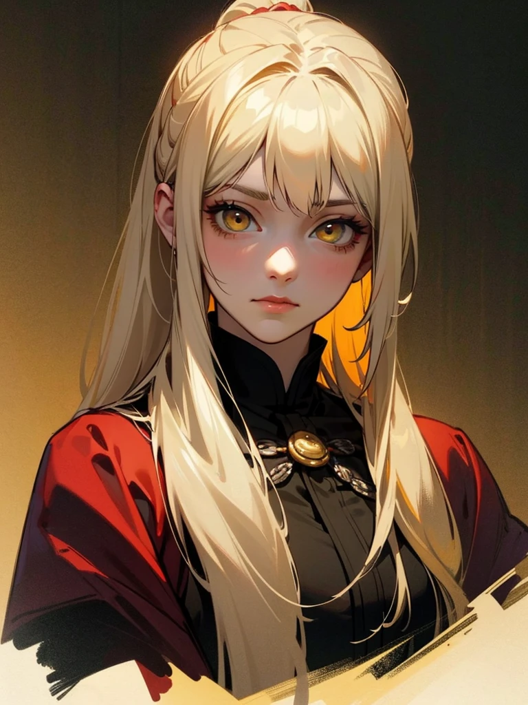 masterpiece, best quality, realistic, adult, 1 girl, long hair, Hair is in a ponytail, ((hair color black)), light golden yellow eyes, Clothing color in black tones, portrait, Extremely detailed face, light room background, Looking at the audience, Beautiful, (alpha:1.4), calm look, wise, courageous, Sakimical Frénk Francetta, Heise Jinyao, Zombie apocalypse