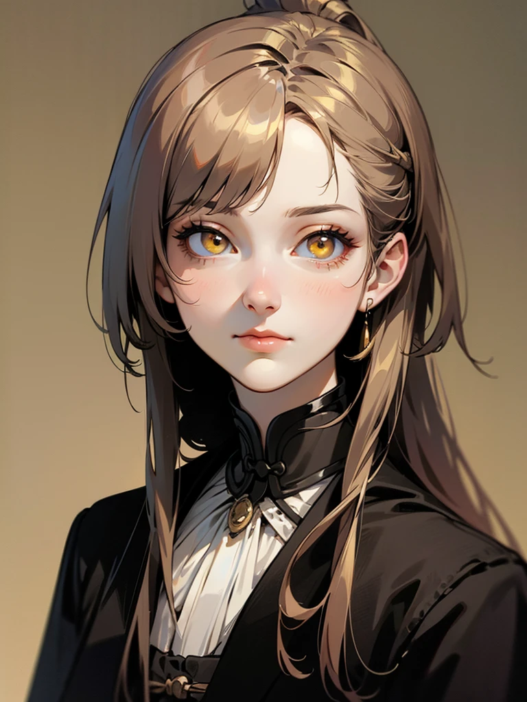 masterpiece, best quality, realistic, adult, 1 girl, long hair, Hair is in a ponytail, ((hair color black)), light golden yellow eyes, Clothing color in black tones, portrait, Extremely detailed face, light room background, Looking at the audience, Beautiful, (alpha:1.4), calm look, wise, courageous, Sakimical Frénk Francetta, Heise Jinyao, Zombie apocalypse