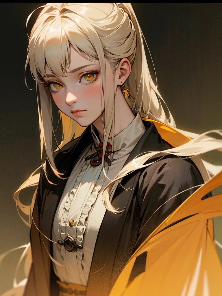 masterpiece, best quality, realistic, adult, 1 girl, long hair, Hair is in a ponytail, ((hair color black)), light golden yellow eyes, Clothing color in black tones, portrait, Extremely detailed face, light room background, Looking at the audience, Beautiful, (alpha:1.4), calm look, wise, courageous, Sakimical Frénk Francetta, Heise Jinyao, Zombie apocalypse