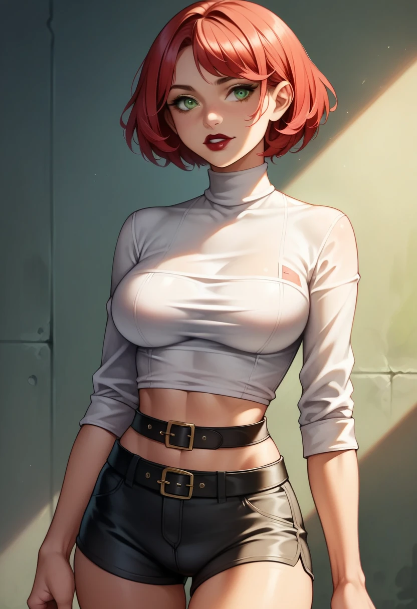 (high-level image quality), (high quality), (high resolution), (detailed), (masterpiece), beautiful woman, ((caucasian)), green eyes, red hair, short hair, dark red lipstick, slender body, perfect eyes, Detailed face, sexy black turtleneck, black shorts, black belt on the waist, portrait, malicious face