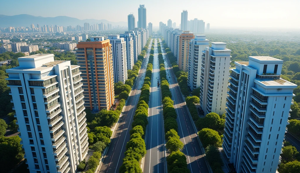 Description for the image:
vista: aerial sky Location: Main avenue of the city of Mollendo.
buildings: Dos filas de edificios residential, located on both sides of the avenue. There are 8 buildings on the left side and 8 on the right side..
Design of buildings: Each building has a different architectural design,
There are buildings on the avenue :
residential. 
Offices with mirror.
Hotel.
Bank. etc. 
Colors of the buildings on the left side: 
buildings: 2,4, 7 in white and dark blue lines.
buildings: 1, 5, 3 and 8. White with dark orange lines.
building: 6 of White and black lines.
Colors of the buildings on the right side:
buildings: 1, 4, 8 of Blue and white.
buildings: 3, 6, of Beige and white.
buildings: 2, 5, 7 in White and light blue lines.
Height: Each building is approximately 100 meters high and has around 28 floors..
Green trees and path: Includes trees along the avenue and on the central path.