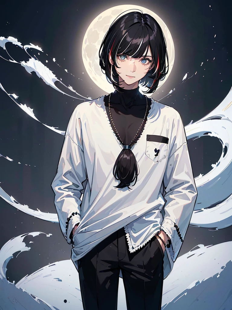 ((highest quallity, work of art, 4K, finely detailled, detailedeyes, face detailed, gelbooru, pixiv)), warm lighting, ((standing alone)), 1 men, bonitas, masculine, adult man, broadshouldered, close do rosto, ((black hair with white streak in the bangs), portraite, seducing smile. looking ahead at viewer, ((lazy eyes, half covered, white eyes with white pupils)), wearing modern clothes, a black t-shirt with a moon design, black zaquets, standing, hands in pockets, ((black hair with white streak in the bangs, Medium length hair, shaggy hairstyle, Messy hair)), city background