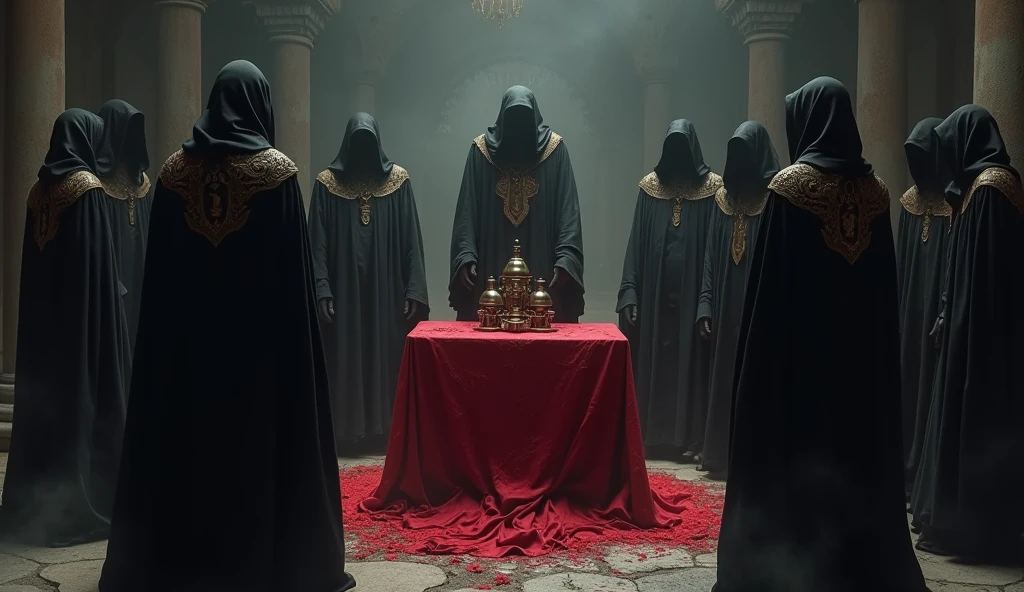 arafed image of a group of people in black robes standing in front of a red altar, occult robes, black robes, wearing dark robes, dark robes, wearing black robes, in dark robes with gold accents, robed figures sat around a table, wearing black sith robes, satanic ritual, wearing cultist red robe, wearing black medieval robes