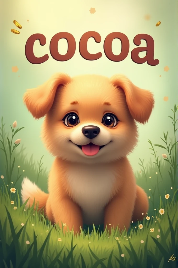 Create an image of a danshuan dog written cocoa in the background there is a grass