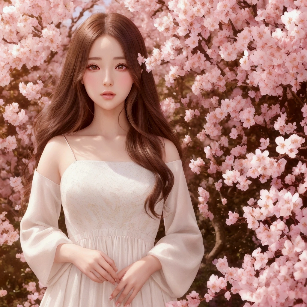 a beautiful anime girl, extremely detailed face, beautiful detailed eyes, beautiful detailed lips, long eyelashes, flowing brown hair, wearing a white dress, standing in a garden with cherry blossom trees, colorful butterfly, golden hour lighting, warm color palette, digital art, 8k, photorealistic, cinematic, masterpiece