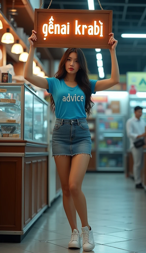 BEAUTIFUL THAI GIRL WITH LONG HAIR, A GOOD BODY, WEARING A BLUE T-SHIRT WITH THE WORD "ADVICE" PRINTED ON IT, A SKIRT OF SHORT JEANS, AND WHITE SNEAKERS ((STANDING WITH A LARGE SIGN ABOVE HER HEAD WITH THE WORD "GENAI KRABI"))) IN A COMPUTER STORE. Tablet, (((Full body)))., Proportional, massive breasts