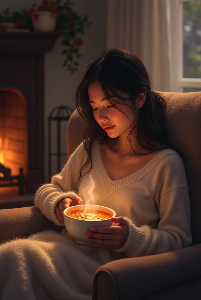 Cozy, a woman sipping a soup 
