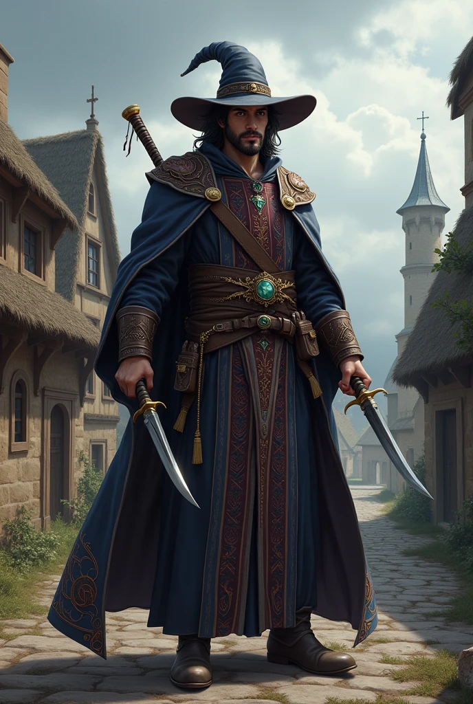 An RPG character, a tall handsome man, with two knives in a medieval village dressed as a wizard