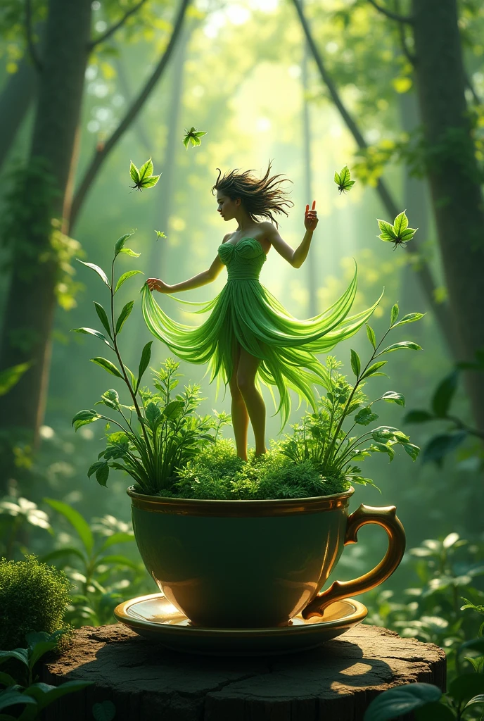 A human green leaves dance in a jungle on a cup