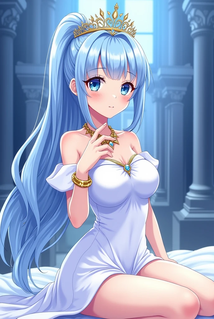 An anime-style medium shot of a hot cute girl with a long ponytail and light blue hair. She is wearing a white princess sleeve dress with a shoulderless top. She has a diamond crown on her head and a diamond necklace around her neck. She is also wearing a golden bracelet on her wrist. The girl is sitting in a bed in a castle. The background is blue.