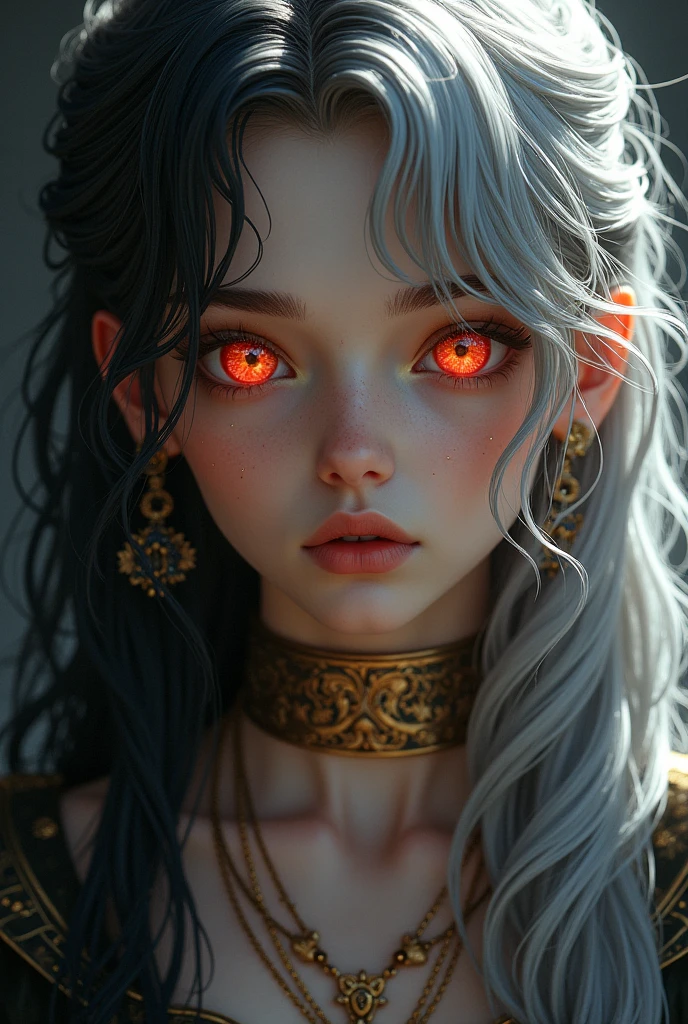 A teenager in medieval noble clothing , long silver and black hair , One eye red like rubies and another golden like gold , jewelry , ,