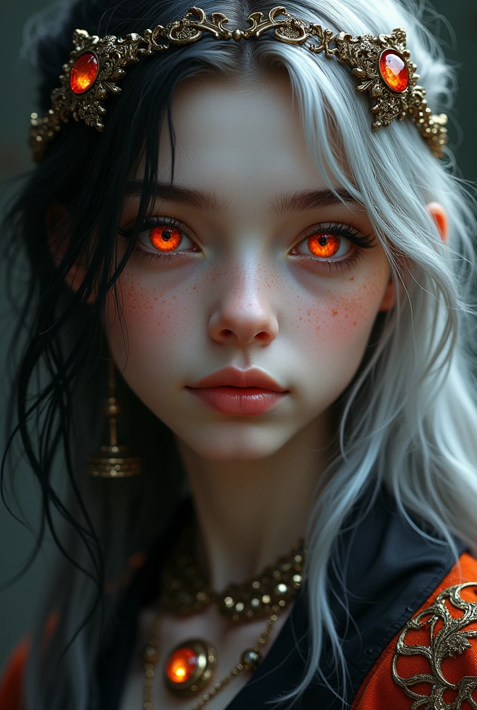 A teenager in medieval noble clothing , long silver and black hair , One eye red like rubies and another golden like gold , jewelry , ,