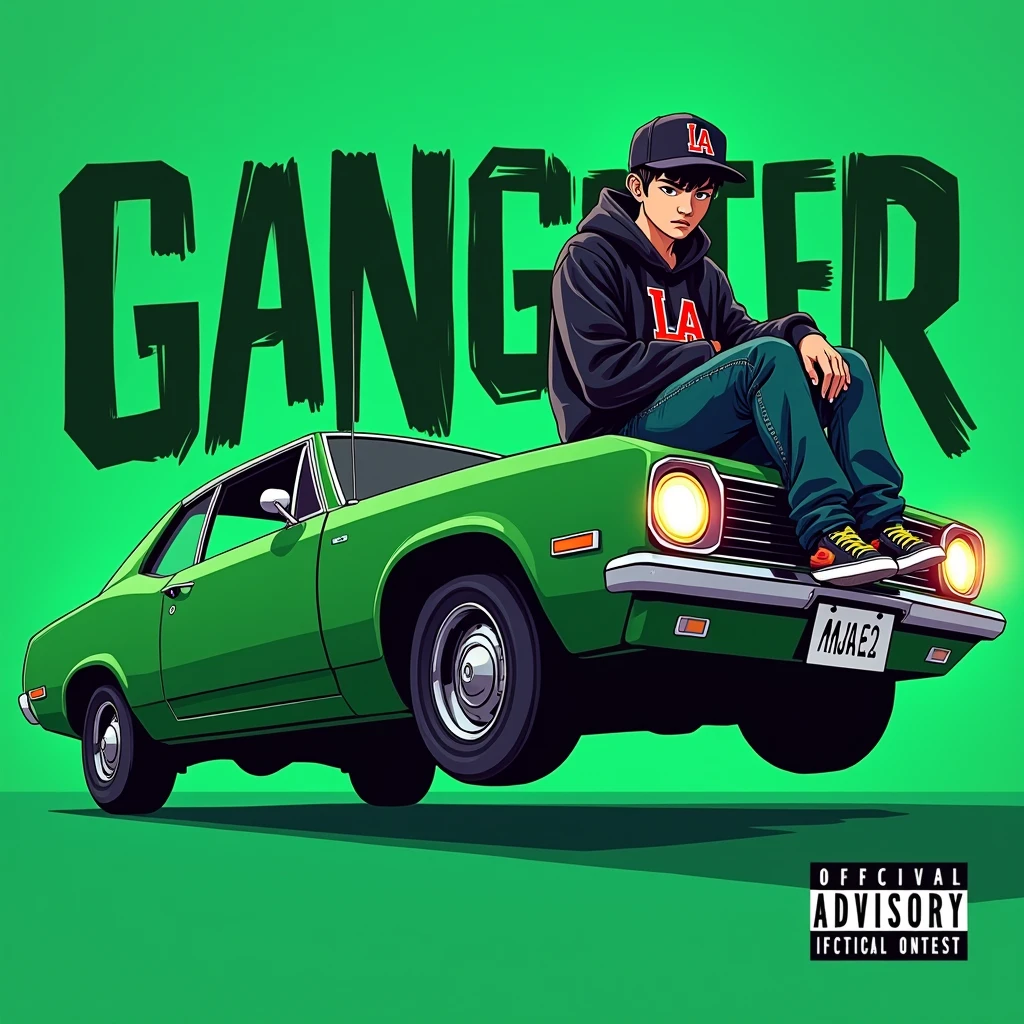 Image of a man sitting on the bonnet of a car, Yoshihiko Wada's album cover, winner of the behance contest, Doodle, official artwork, rap album cover, hip - hop album art cover, colored album art, hip hop music album cover, rap album cover art, official fanart, GTA Cover, hip hop album cover, album art cover, G-FUNK Hip Hop album cover, green background, green car, with the words If WONA behemes a gangster on the back of the picture, an Asian ager wearing a black LA hoodie, a black LA ball cap with a deep press and a wide pair of jeans down, a troublemaker boy sits on the bonnet of a car and lets the car out to the side
