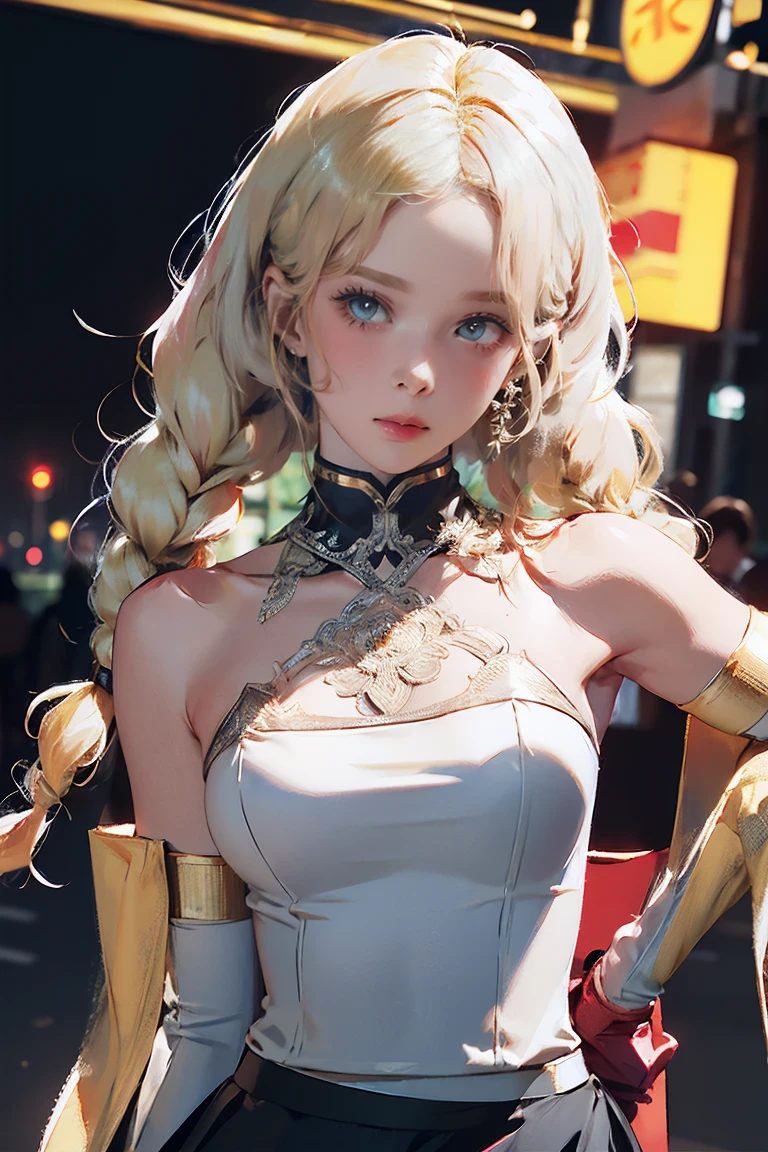 Large Breasts, 8k, masterpiece, RAW Photos, Highest quality, detailed:1.2),Realistic, extremely detaileded CG unity 8k wallpaper, Lens flare, (Very beautiful face, Beautiful red lips, Beautiful Eyes), intricate detailed face, ((ultra detaileded skin)), One girl, In the Dark, Deep Shadow, cute, (Slim, toned and muscular body:1.3), ((View your viewers)), (Big smile), (raced dress), (((city night, (Neon Signs), (night))), pantyhose, Clear Eyes, walk, Look forward, (((Brown eyes))), ((Upper Body Shot)), dress, raced dress, Very slim, Defamation,  ((((Blonde hair twin braids)))), ((Decorate your hair with flowers)), (((Silver: pink: skirt dress: gloves race)))))), 3d, Rich colors, (Black Makeup:1.3), (race stockings with garters, cord trim, race), (Intricate detaileded multi-layer bodysiut lacy race-upp), neckrace, bracelet
