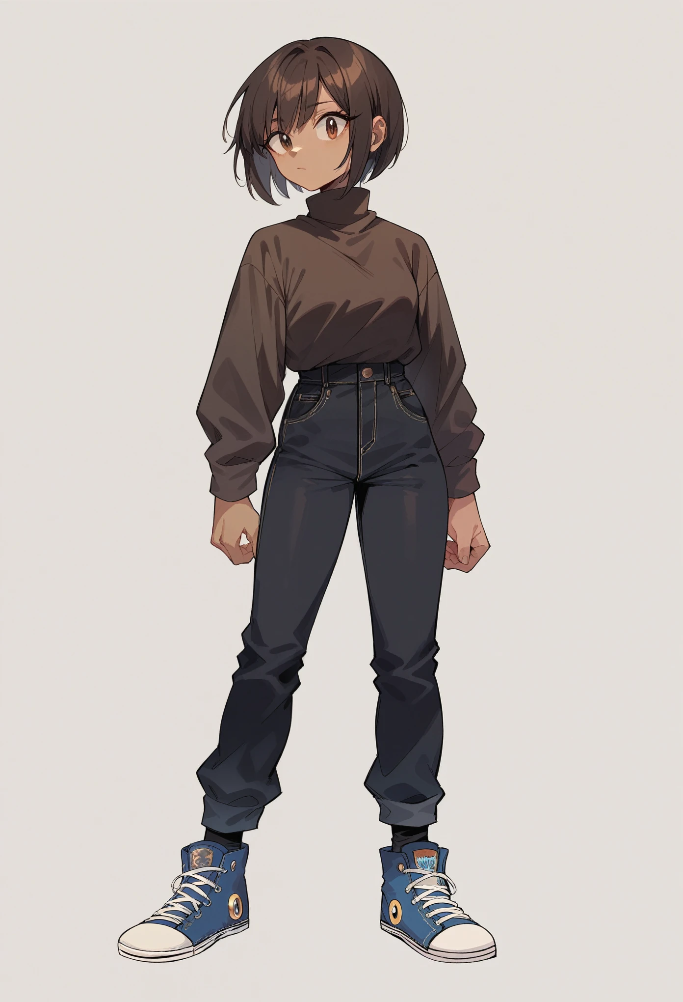 A female hedgehog with black dark bob haircut with bangs,brown eyes,a dark blue turtleneck shirt,black pants,dark blue converse shoes, full body Sonic the hedgehog 2D style white background