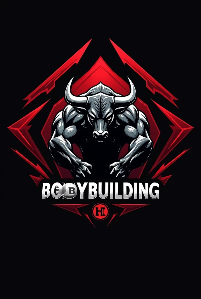 Design a powerful and dynamic logo for a bodybuilding brand featuring a strong, muscular bull as the central figure, symbolizing strength, power, and determination. The bull should have well-defined muscles, with a stance that conveys energy and dominance, embodying the essence of bodybuilding. Use sharp, angular lines to emphasize the bull's muscular build and add a sense of intensity. Incorporate bold, dark tones like black, deep red, or metallic gray to create a fierce and commanding presence. The logo should include the word 'BODYBUILDING' in a bold, modern font that complements the aggressive and energetic vibe of the design.