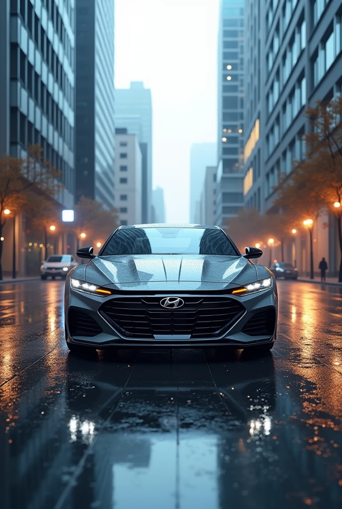 A real Hyundai car on a wet street in the water. The image of the modern buildings on the street is reflected through the water. The scene is realistic and cinematic, with bright lighting effects, very high quality in design.