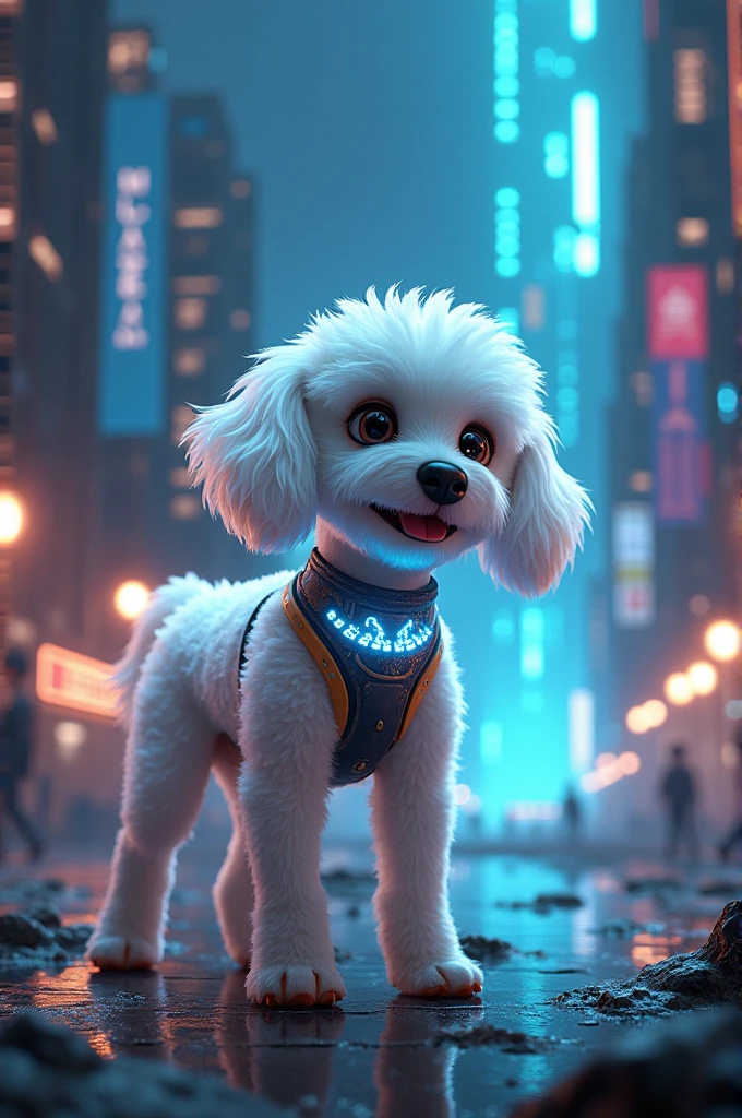 Cooper, the white cockapoo, in the middle of a dazzling futuristic city. Tall glass and metal buildings rise in the background, illuminated by neon lights and floating holograms. Cooper is in the foreground, with its bright white fur contrasting with the city lights. He wears a technological necklace that emits a faint glow..On its paws, He holds an ancient device with a holographic screen that projects a glowing map. Around it, You can see details of the underground city and the adventure you are about to embark on..