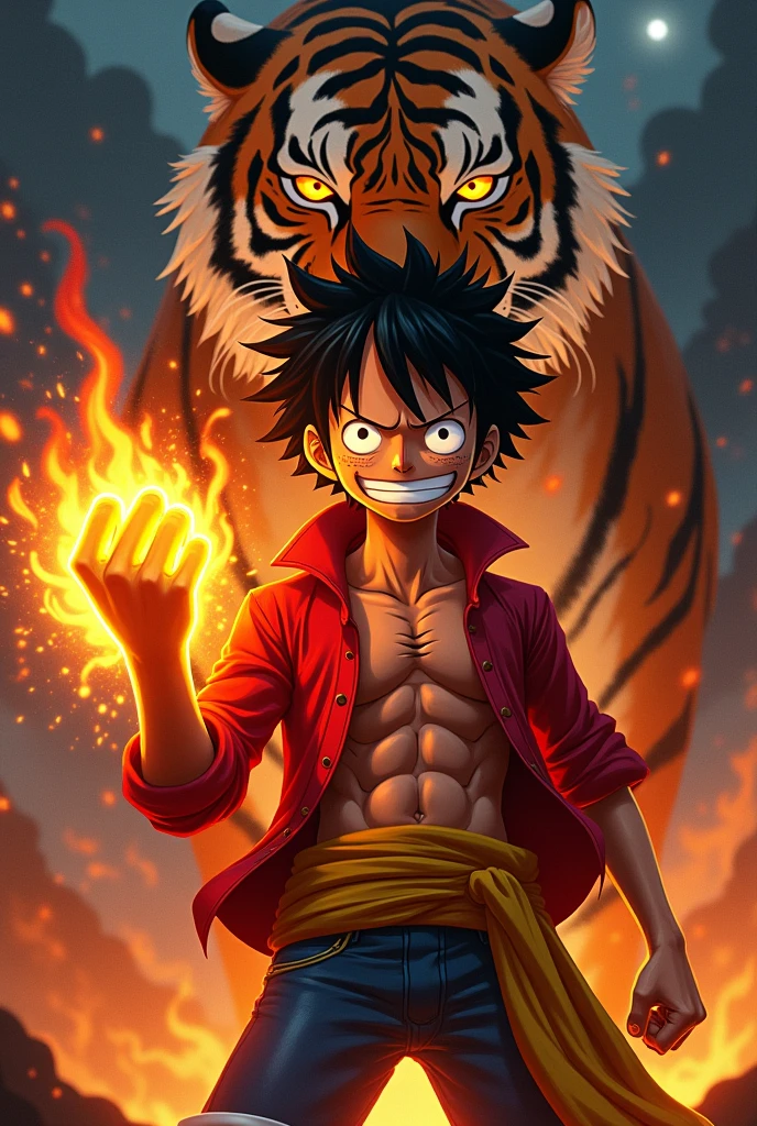 Luffy with a Black Fist, with eyes on fire, with black white and red hair on fire and with a tiger behind him