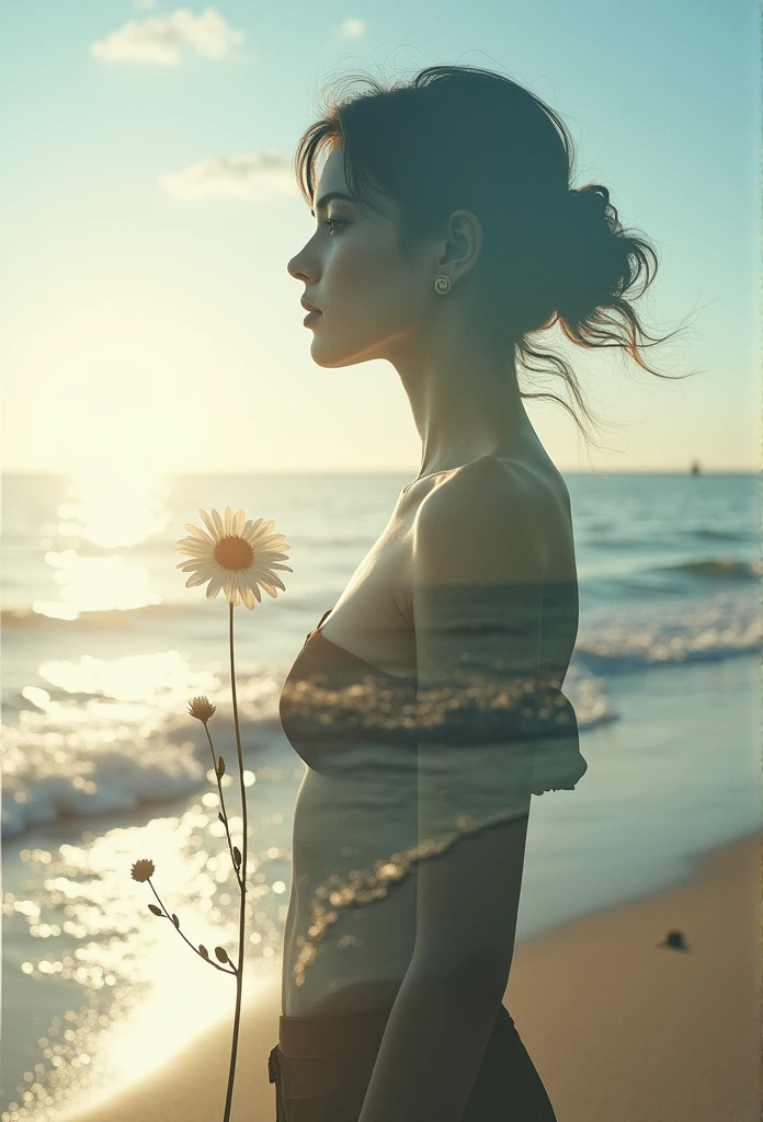 A mysterious atmosphere, atmosphere, Heavenly quality, realistic, beautiful and aesthetic, alone, Beach, flower, nature, ( Double exposure with transparent silhouette of beautiful female figure over background), (A shining atmosphere, captivating shine, glowing lights, heavenly atmosphere, Fascinating Light, Associative colors, Fascinating colors, dramatic lighting, Aura of fascination),