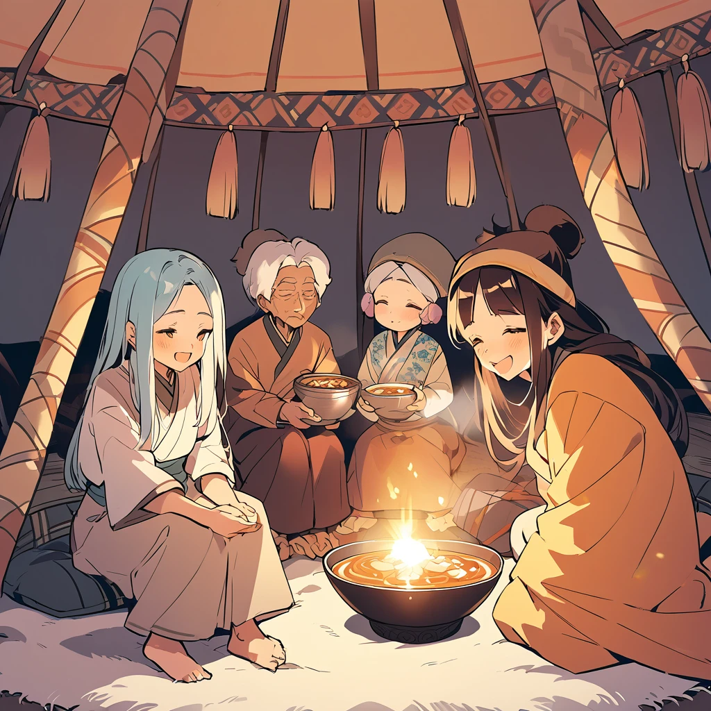 A warm-toned, pastel-style illustration depicting a cozy scene inside a traditional Mongolian yurt. Two oldman and yung Family with sun-kissed faces are sitting around a steaming bowl of soup. They are wearing loose-fitting, traditional Mongolian attire that reveals their midriffs.have gentle smiles, radiating warmth and comfort within the nomadic tent, or 'ger.' The overall atmosphere is one of familial bond and cultural richness.A fur rug on the ground