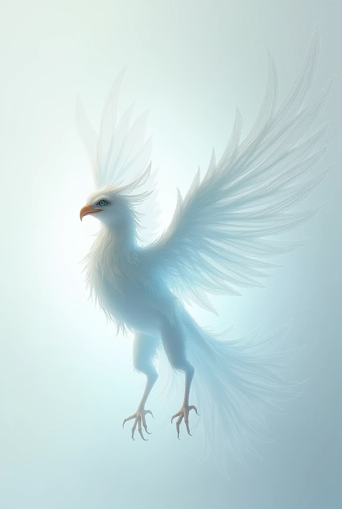 a white background and a bird-shaped creature of light and wind, in shock with tense body 