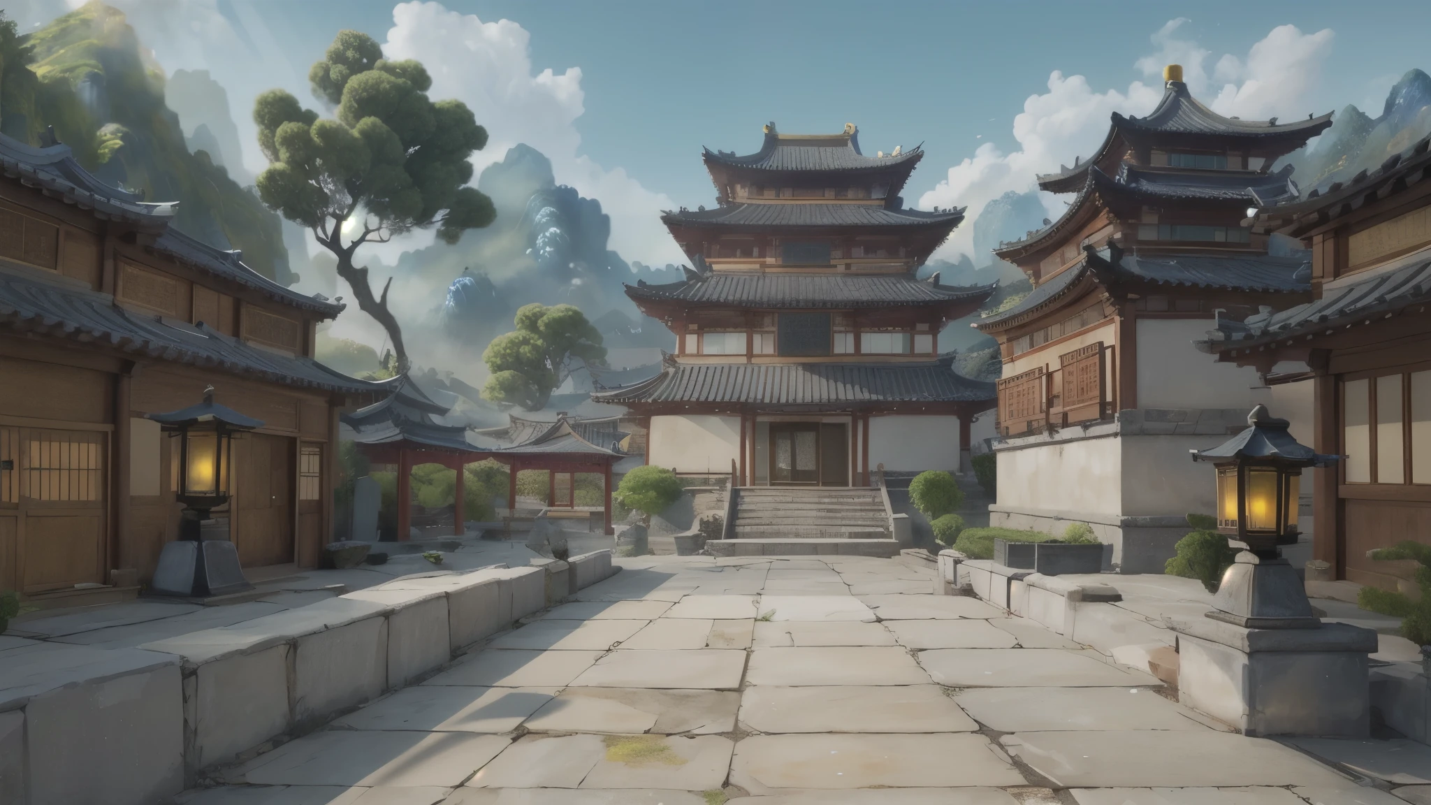 中国Ink画, masterpiece , best quality, Ink画,Guo Chao,Ink,(Xianxia scene,Fantasy fairyland scene,Pavilions,architecture具有东南亚特色,cloud雾缭绕:1.5),outdoor,Sky,daytime,cloud,Tree,Blue sky,nobody,window,plant,architecture,landscape,lantern,stairs,Potted plants,architecture,东亚architecture,landscape
