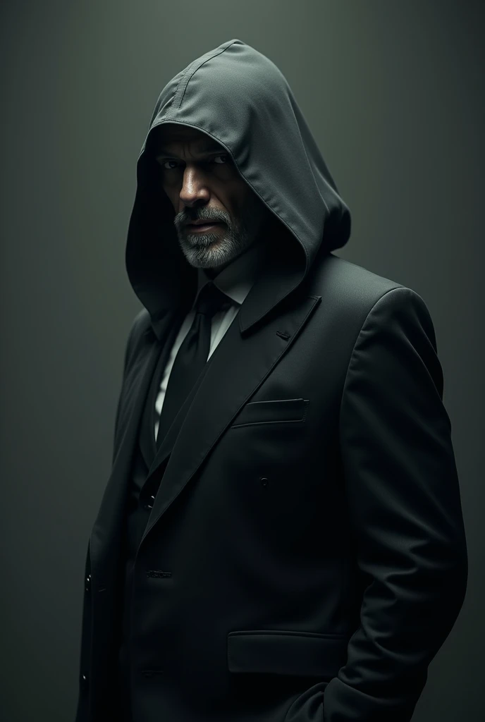 avatar. facing the front, Terror, Suit, chic, mascara, hooded cloak, storyteller, grizzled, [ charachter, homem de Suit, front-facing, [perfil], ( home negro), Profile.