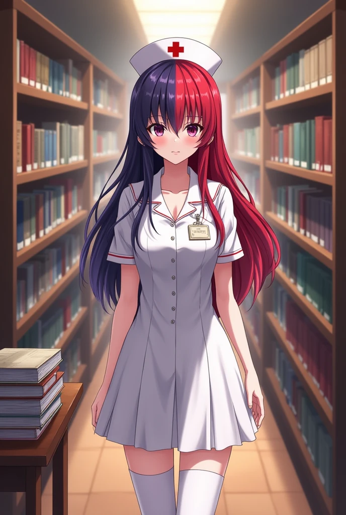 (masterpiece, best quality, detailed), 1girl, solo, ((two heads)), (((Akeno Himejima))), dark purple hair, long hair, purple eyes, (((Rias Gremory))), red hair, red eyes, long hair, blue eyes, nurse, nurse uniform, white thighhighs, nurse cap, id card, white dress, indoors, library, bookshelf, book, book stack, blush