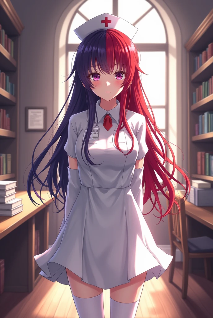 (masterpiece, best quality, detailed), 1girl, solo, ((two heads)), (((Akeno Himejima))), dark purple hair, long hair, purple eyes, (((Rias Gremory))), red hair, red eyes, long hair, blue eyes, nurse, nurse uniform, white thighhighs, nurse cap, id card, white dress, indoors, library, bookshelf, book, book stack, blush