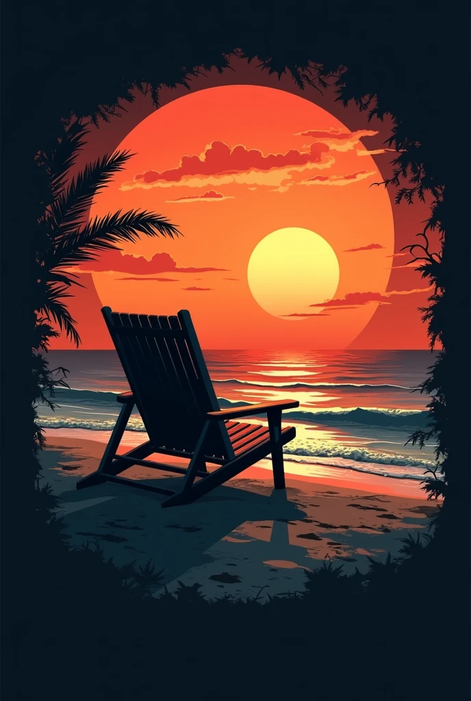 vintage sunset vector t-shirt design of Beach chair with a black background