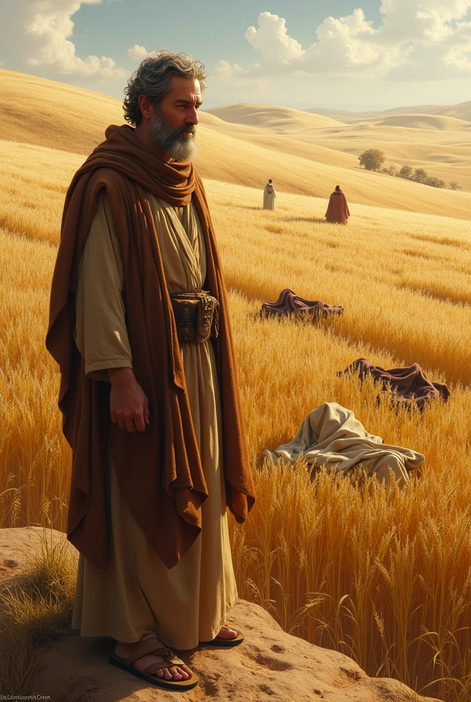 Generate a realistic image according to the Bible of Boaz looking at a wheat field covered with clothing according to the time of Ruth the Moabite 