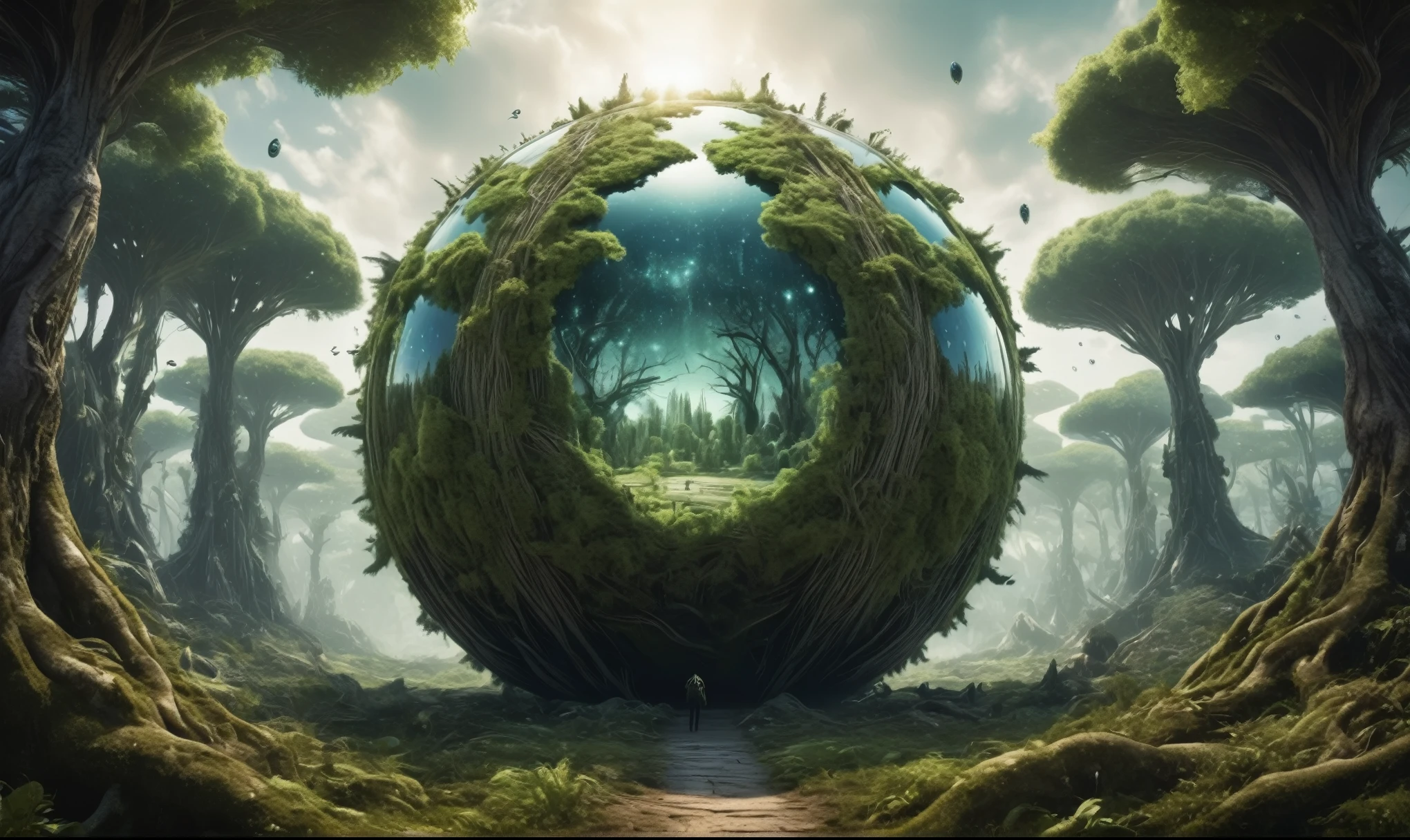 Glass sphere of a planet with a bunch of trees on it, overgrown planet, green planet, Fractal World, A lush world of fantasy, fantasy planet, Dyson sphere, planetary landscape, round planet inspired by Jofra Bosschart, planet, Future World, psychedelic Mysterious World,full body length shot,nerd graphite Alien Entity,native africa slave ,nowadays azctec central city,Cinematic,soft colors, Technicolor,natural skin textures, hyper realism, hyper detailed,Extremely detailed,High contrast,Masterpiece,Realistic,Ultra Detailed, intricate details,realistic humid leather,extremely intricate details,Epic Realistic, cinematic style, irina yermolova,high contrast,hdr,extremely detailed, landscape,masterpiece, intricate details, eyes extremely detailed, high detailed eyes,8k resolution,retina, Nikon Z9,Korea,orc,Finland, Pisces, transition between two art styles,full body length, Double contact, X-ray, Creative, vivid light, fantasy, Abstract, Surrealism, super detailed, high resolution,insanity national folk wear,skin almost translucent, gothic elements, Mestichino,Light particles,chaos,starfish's leather, terror,(fish eyes, calaveras)