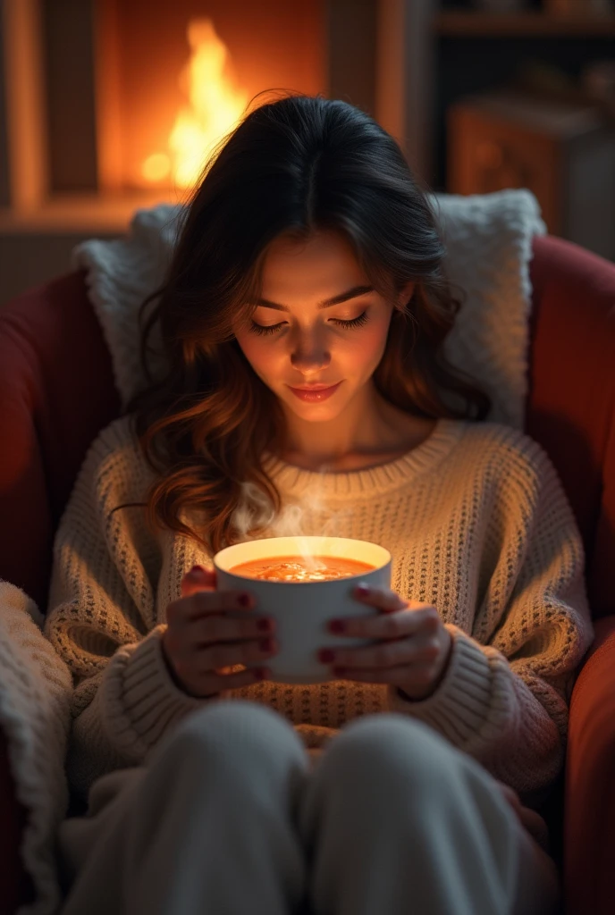 Cozy, a woman sipping a soup 
