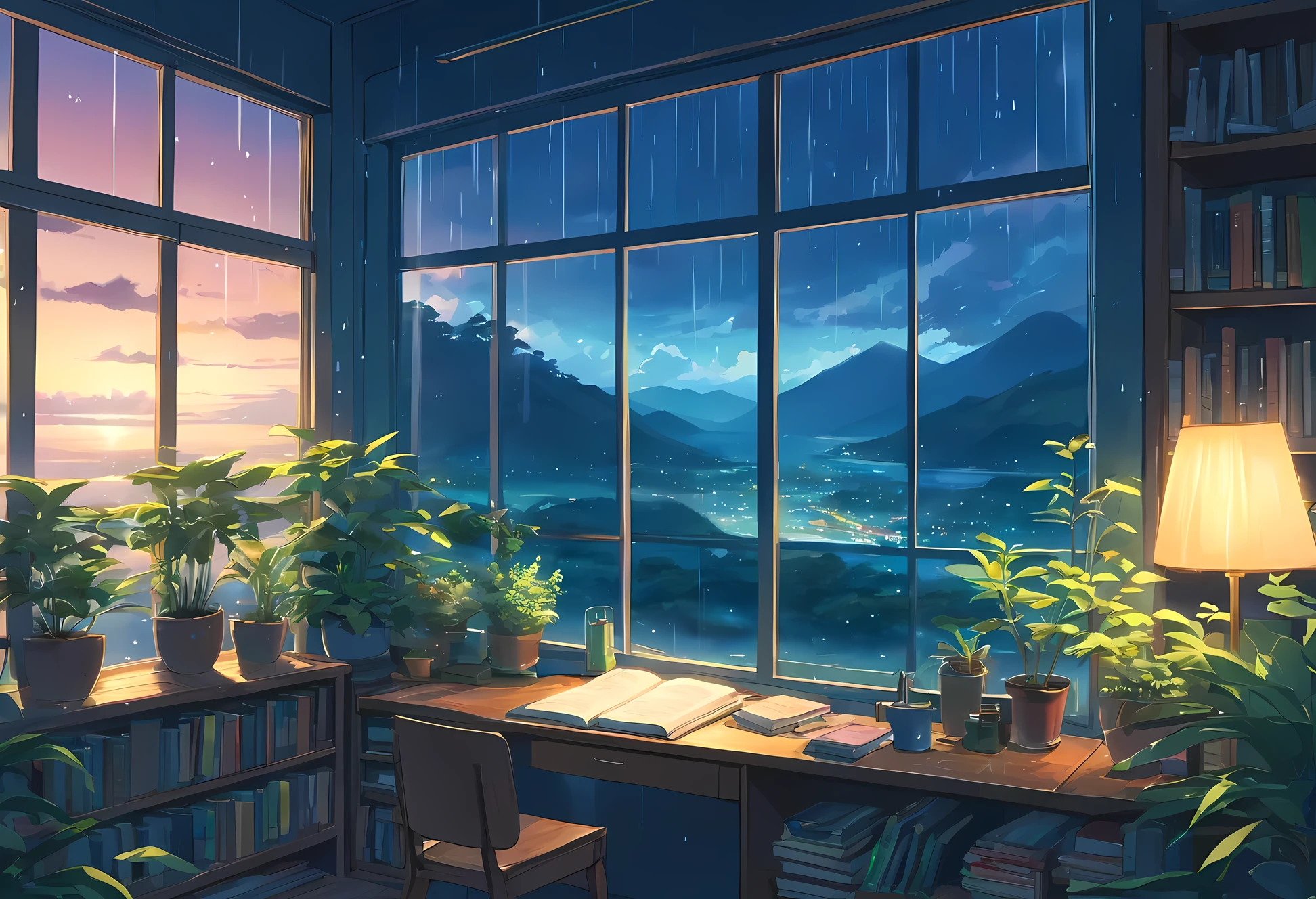 un plan extrêmement rapproché d&#39;une grande fenêtre remplie de plantes et de livres donnant sur un paysage naturel à couper le souffle et magnifique, la nuit, (pluvieux)