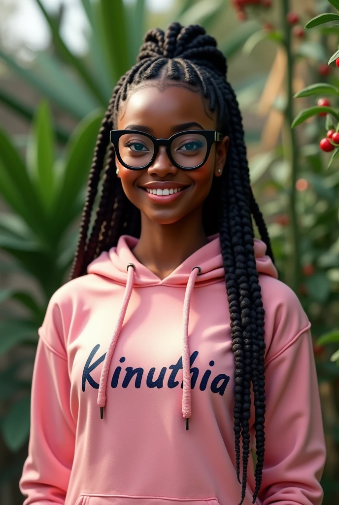 (photorealism:1.2), beautiful black African woman,22 years,sharp boobs, smiling,wearing a fitting pink hoodie written "Kinuthia",long braids, black  oversized photo chromatic glasses, standing , realistic intricate details,plants in background.